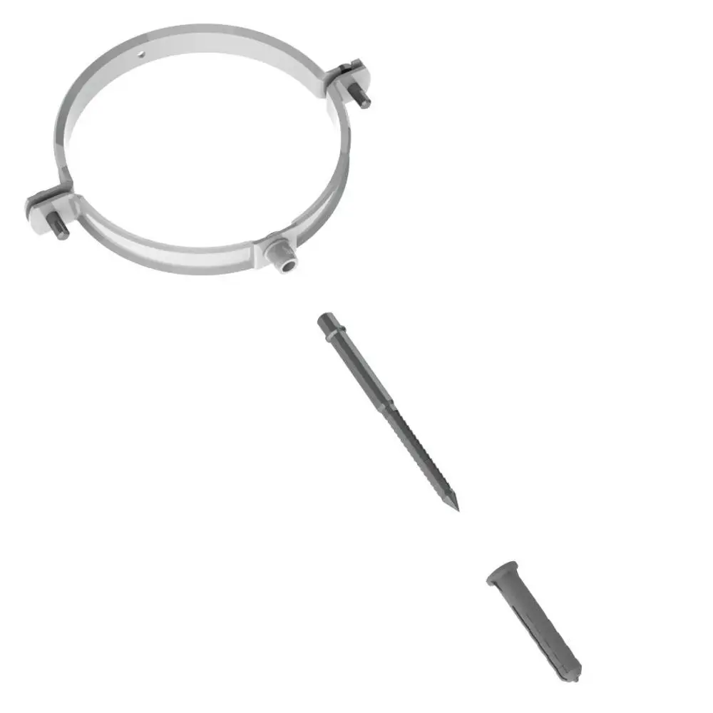 Wandschelle aus grauem Material, bestehend aus einem kreisförmigen Ring und einer Schraube. Produkt von Remeha, geeignet zur Montage und Befestigung an Wänden.